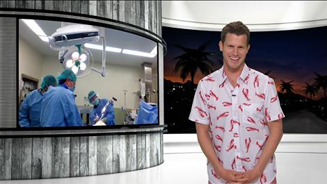 Tosh.O in lobster shirt